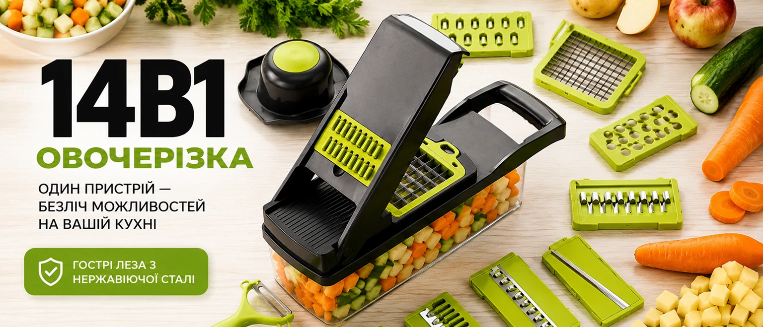 Многофункциональная ручная овощерезка 14в1 Lesko Black-Green с острыми стальными насадками