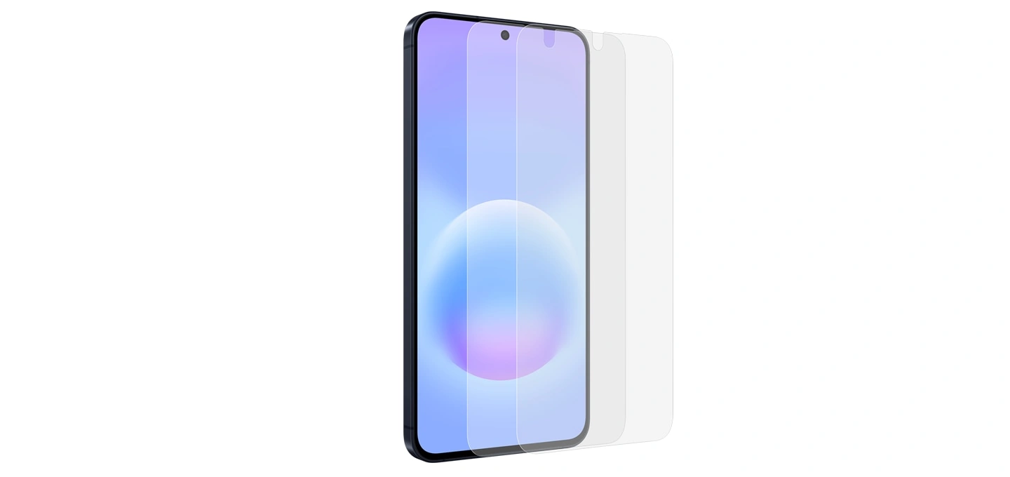 Samsung Galaxy A57 5G под наклоном и защитная плёнка для экрана