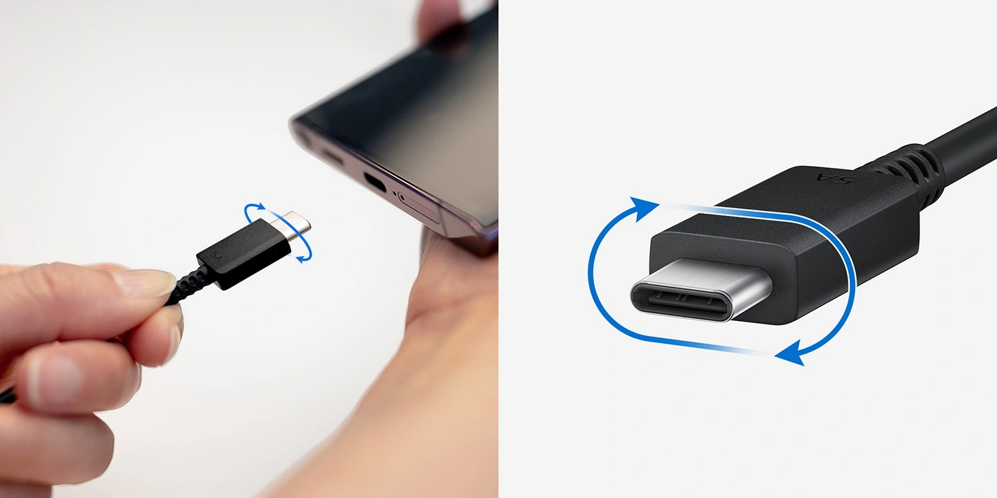 Рука держит смартфон Galaxy, а другая рука держит USB-кабель. Круговые стрелки вокруг штекера показывают, что его можно подключать любой стороной. На увеличенном изображении штекера — те же круговые стрелки, демонстрирующие его симметричность.