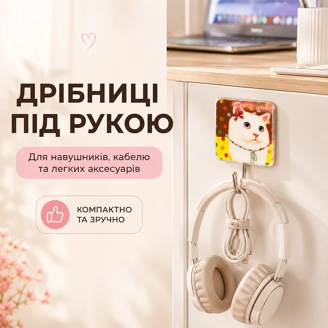 Гачок надійно утримує навушники та дроти у робочій зоні