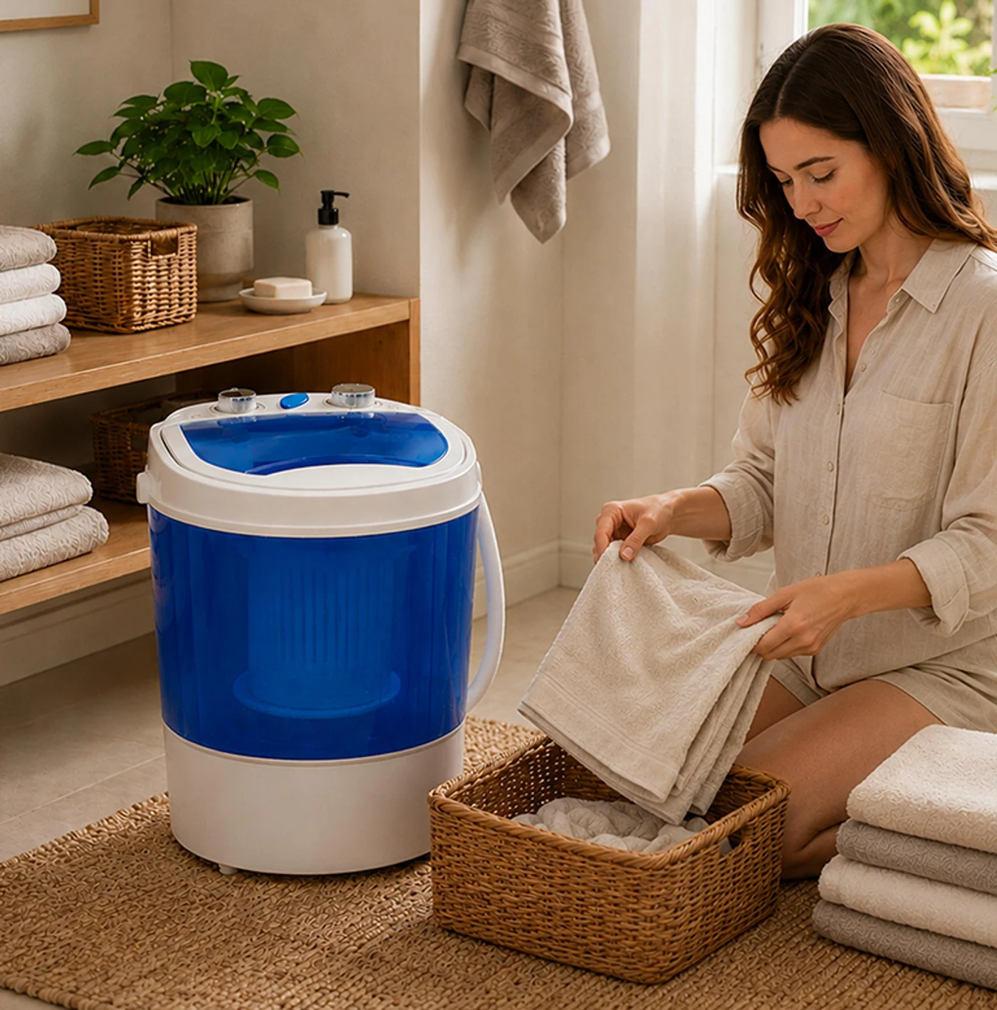 Компактная стиральная машина INTERLUX ISWM-3035SB рядом с выстиранным бельём