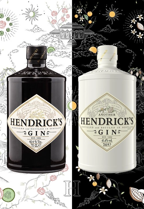 Джин Hendrick's Original та Another Hendrick's — дві пляшки на ілюстрованому тлі