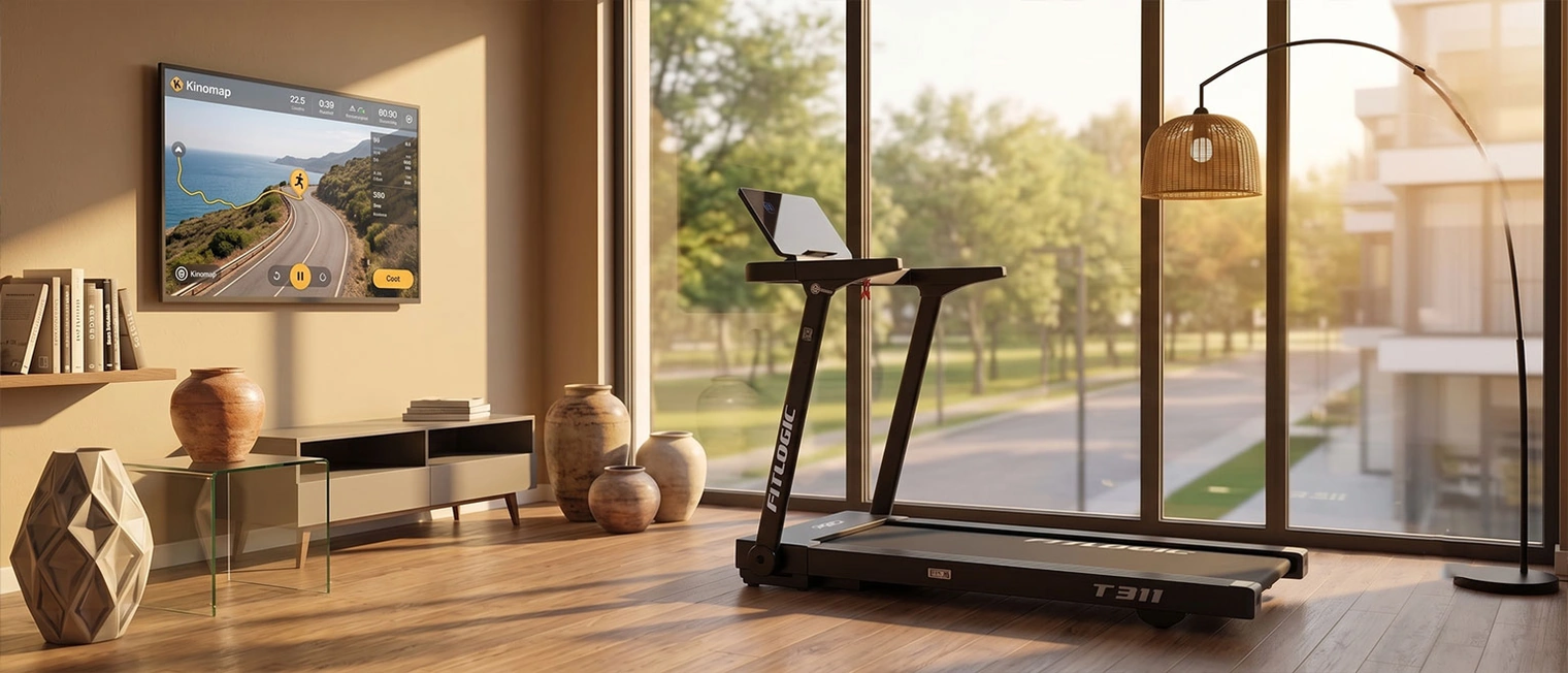 Беговая дорожка FitLogic T311 в гостиной у панорамного окна