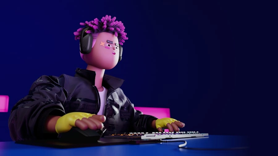 Персонаж в гарнитуре Logitech G435 за клавиатурой
