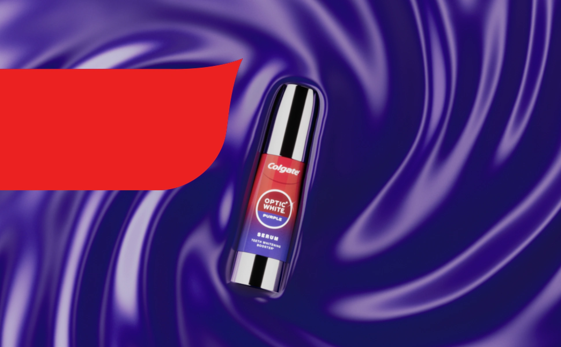 Флакон сыворотки Colgate Optic White Purple на фоне фиолетовой жидкости