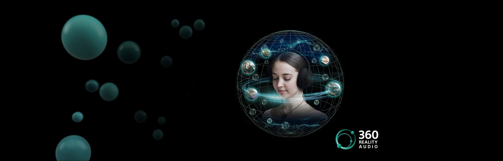 Девушка в наушниках внутри сферы звука 360 Reality Audio