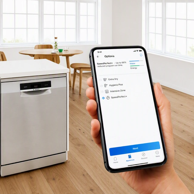 Смартфон с включённой опцией SpeedPerfect+ в приложении Home Connect