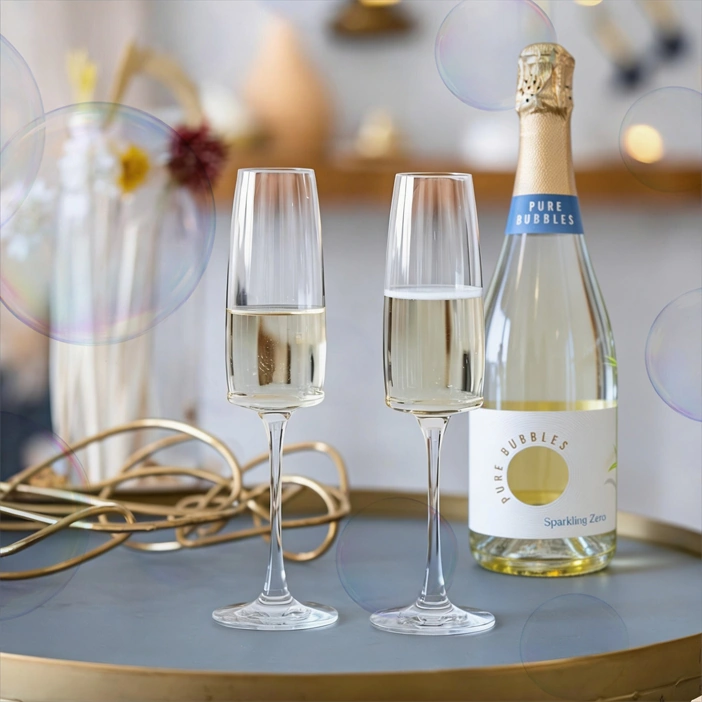 Пляшка ігристого Pure Bubbles Sparkling Zero та два келихи на сервірувальному столику