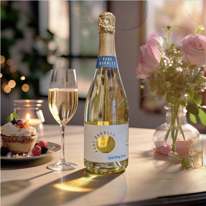 Пляшка Pure Bubbles Sparkling Zero з келихом ігристого, десертом і квітами