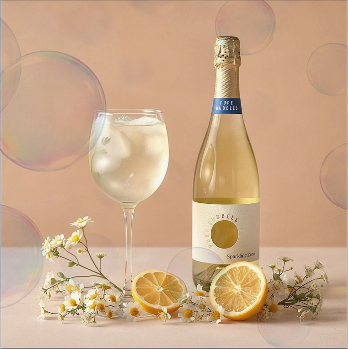 Келих та пляшка Pure Bubbles Sparkling Zero з лимоном і ромашками