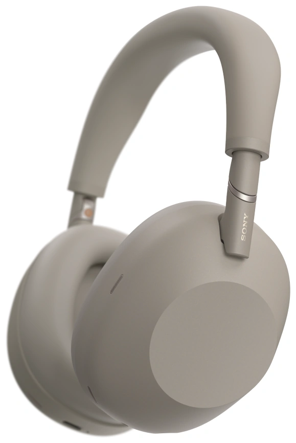 Беспроводные наушники Sony WH-1000XM6 песочного цвета, вид сбоку на белом фоне
