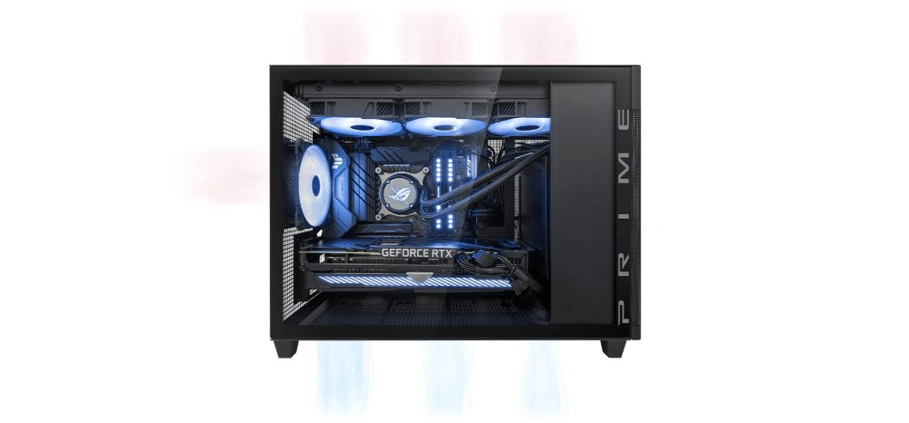 Корпус ASUS Prime AP201 Tempered Glass под углом со стрелками, показывающими направление воздушного потока