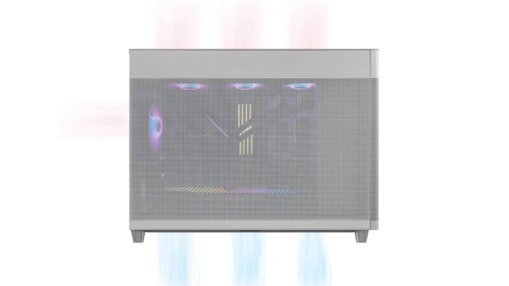 Корпус ASUS Prime AP201 под углом со стрелками, показывающими направление воздушного потока