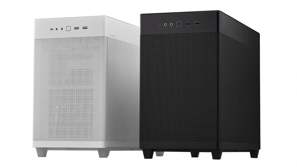 Два корпуса ASUS Prime AP201 в чёрном и белом исполнении стоят рядом