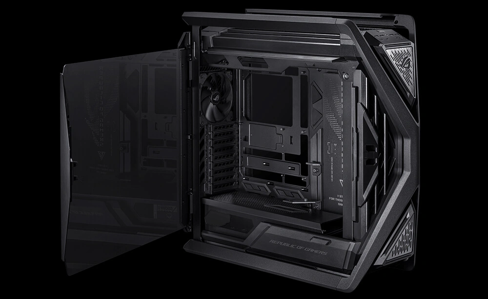Навісна бічна панель з тонованого скла на корпусі ROG Hyperion GR701 BTF Edition, відкрита без інструментів