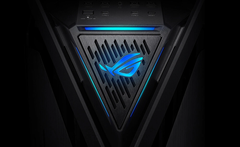 Крупний план компонентів ARGB на передній панелі ROG Hyperion GR701 BTF Edition