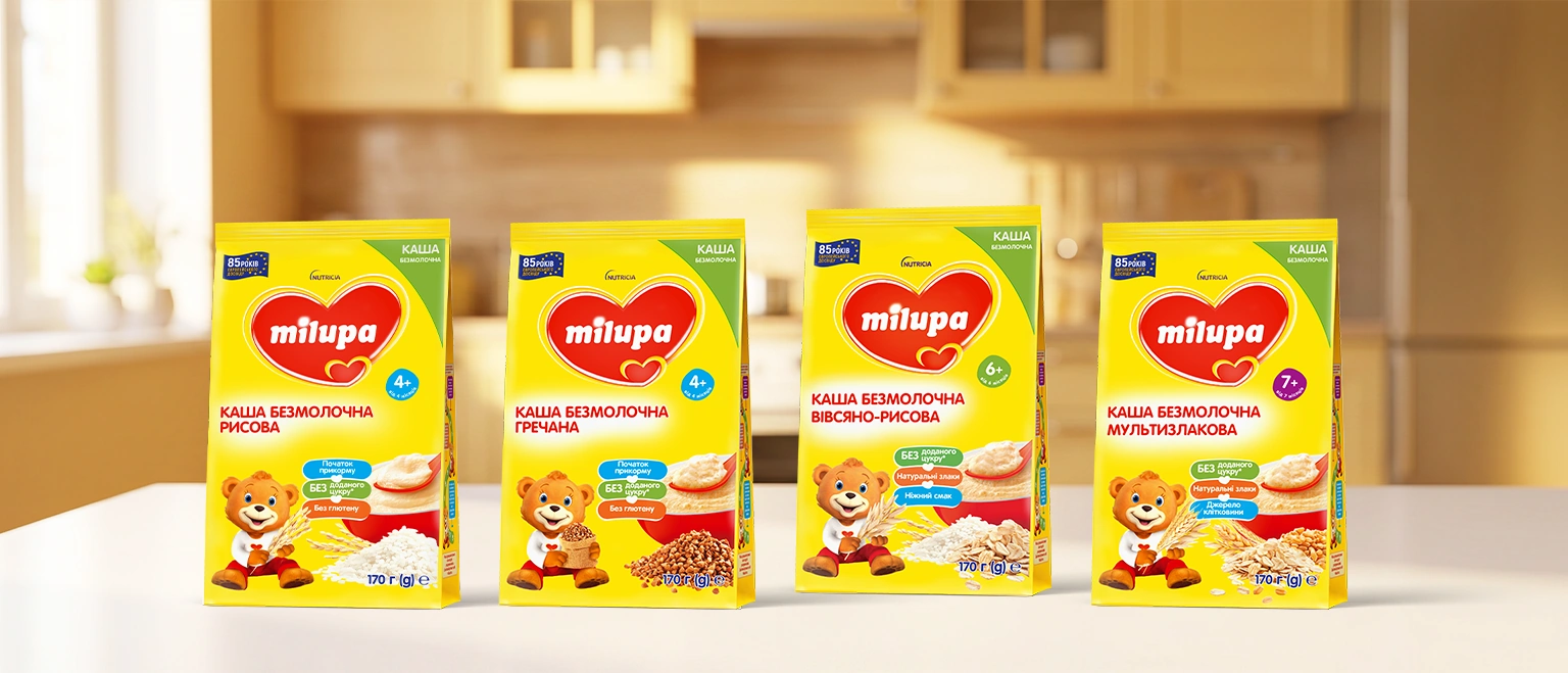 Лінійка безмолочних каш Milupa: рисова, гречана, вівсяно-рисова, мультизлакова