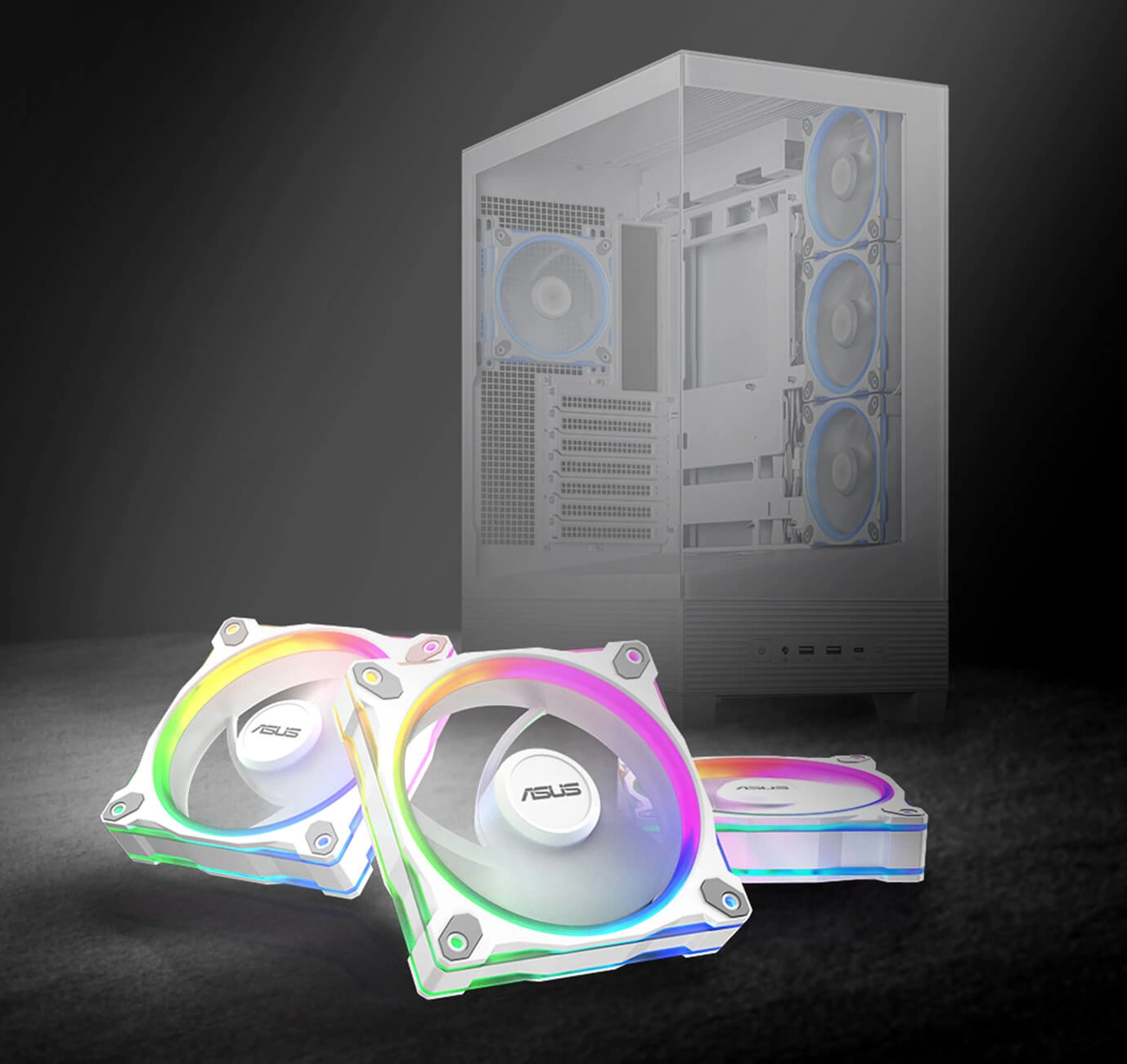 Белые вентиляторы ASUS Prime MR120, установленные перед белым корпусом