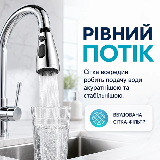 Стабильный и ровный поток воды благодаря встроенной сетке-фильтру