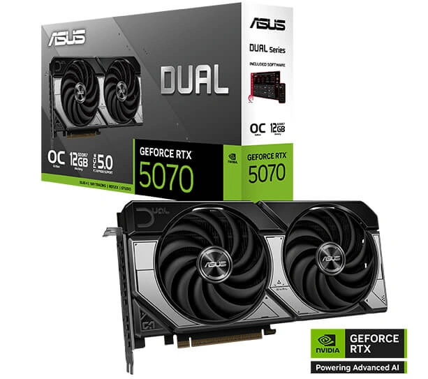 Общий вид видеокарты ASUS Dual GeForce RTX 5070 OC Edition сбоку