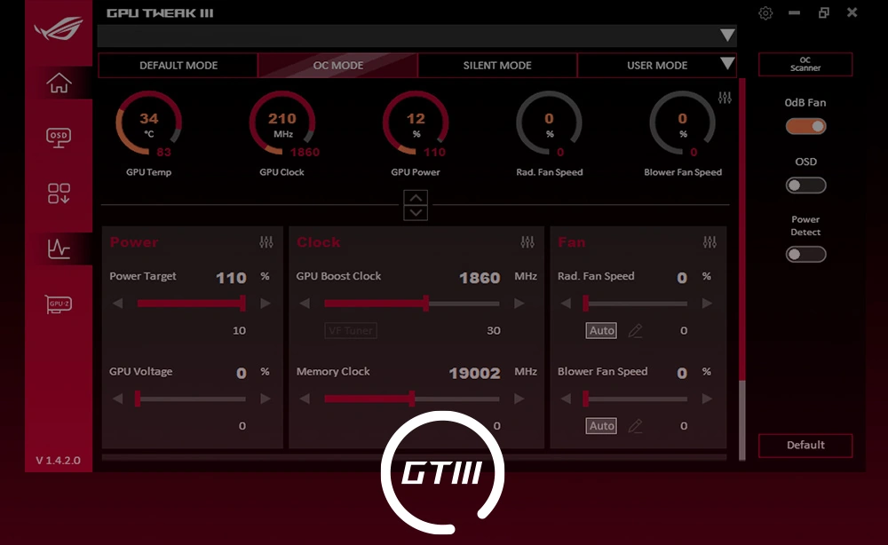 Интерфейс программы GPU Tweak III для настройки видеокарты