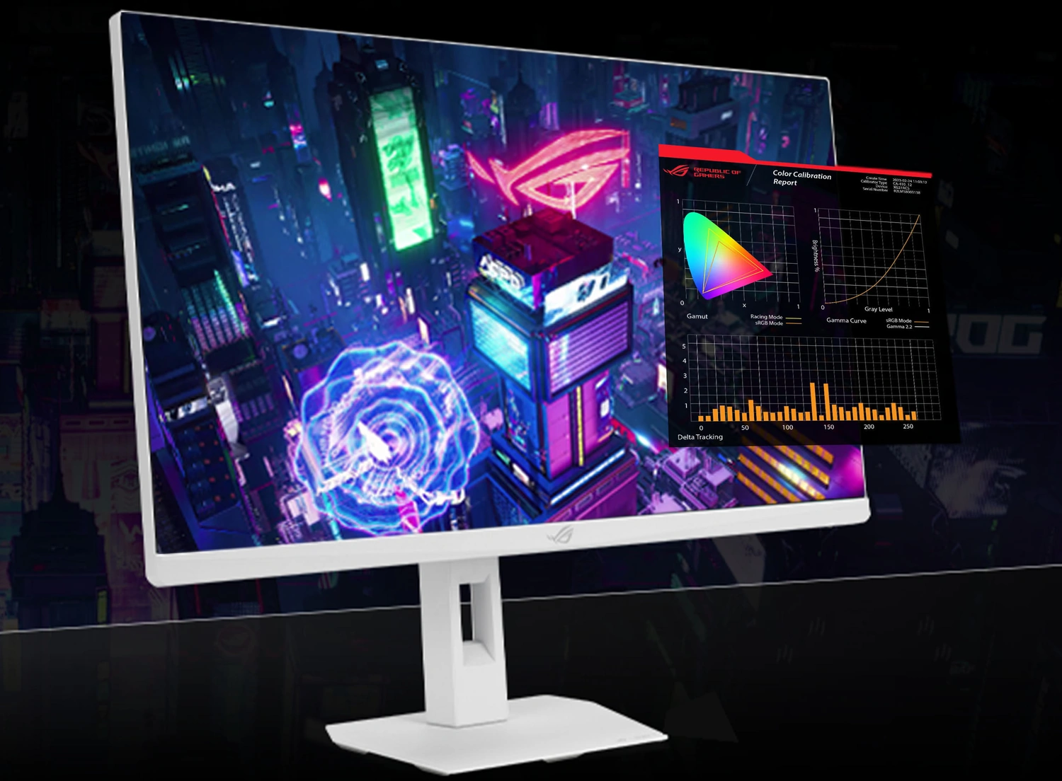 Монитор ASUS ROG Strix XG27UCGR Gen2 с ночным городом на экране и отчетом о калибровке цвета