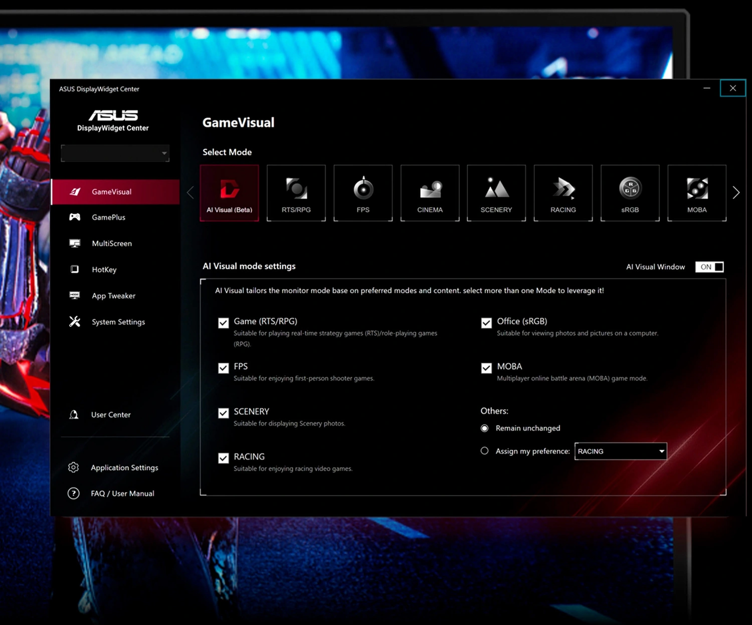 Интерфейс приложения ASUS DisplayWidget Center с режимами GameVisual