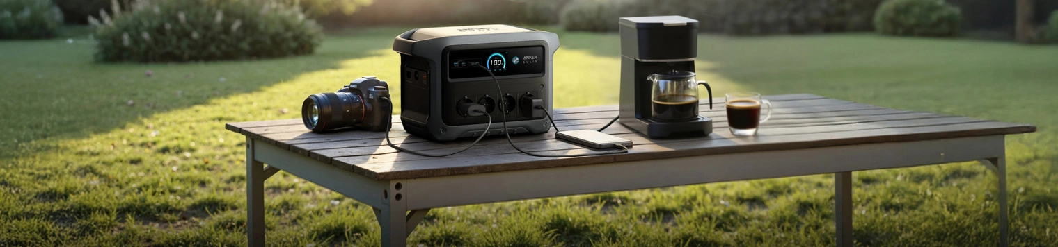 Зарядная станция Anker SOLIX C1000 Gen 2 питает кофеварку и фотоаппарат на столе в саду