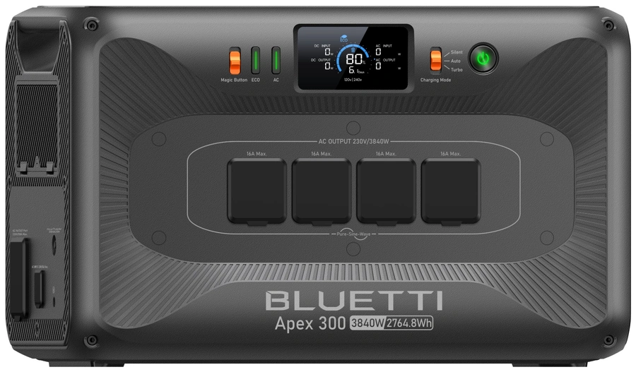Передняя панель зарядной станции BLUETTI Apex 300 с четырьмя розетками 230 В