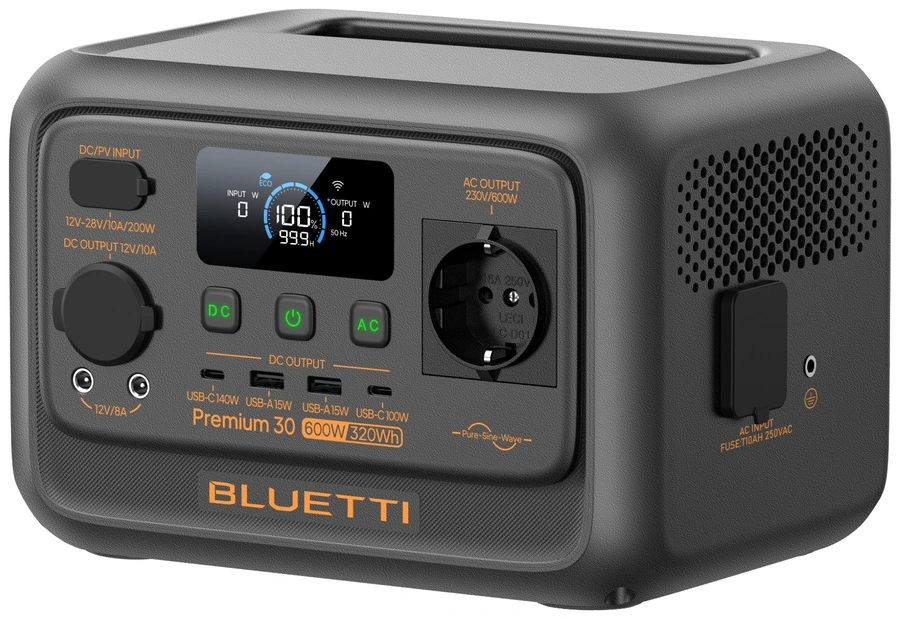 BLUETTI Premium 30 V2, вид сбоку с ручкой для переноски