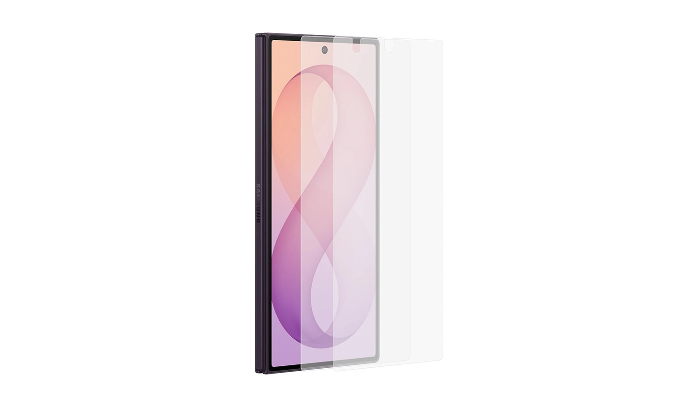 Сложенный Galaxy Fold8 Ultra в цвете графит наклонён под небольшим углом, на котором видны два слоя антибликовой плёнки.