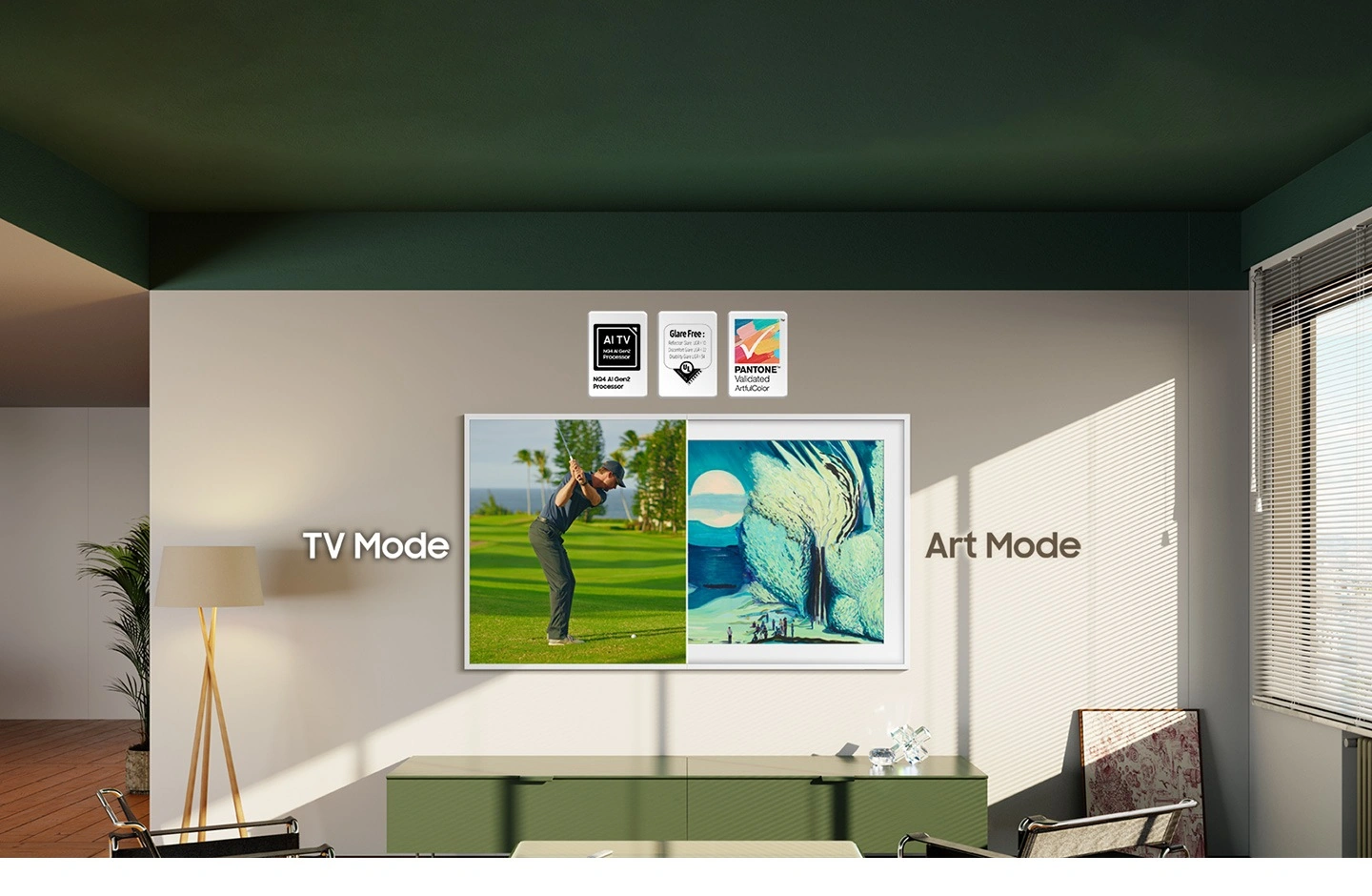 Рамка в гостиной показывает режим ТВ с логотипами процессора AI TV NQ4 AI Gen2 и режим искусства с безбликовостью UGR<10 Дискомфорт <22 Инвалидность <34 UL и проверенные PANTONE™ логотипы ArtfulColor.