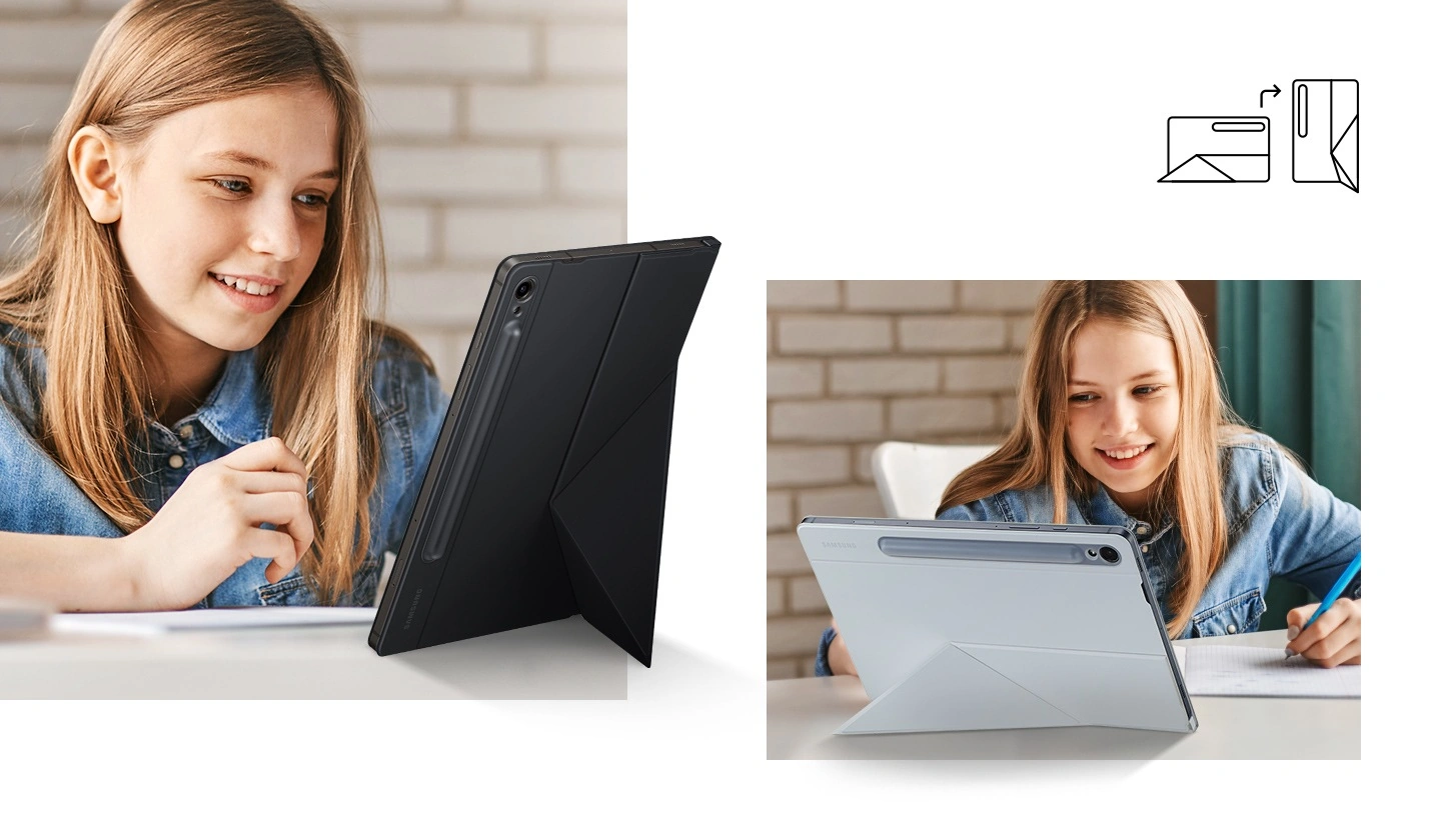 Молодая девушка пользуется планшетом Galaxy Tab S9 с обложкой Smart Book Cover, установленным вертикально на подставку. Рядом она использует устройство с подставкой горизонтально.