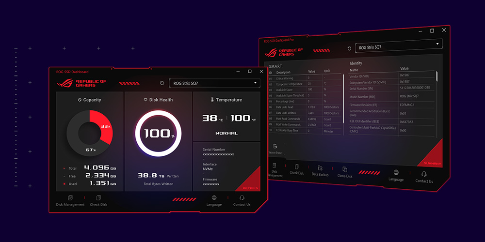 Интерфейс ROG SSD Dashboard с мониторингом емкости, состояния устройства, температуры и технических характеристик в реальном времени
