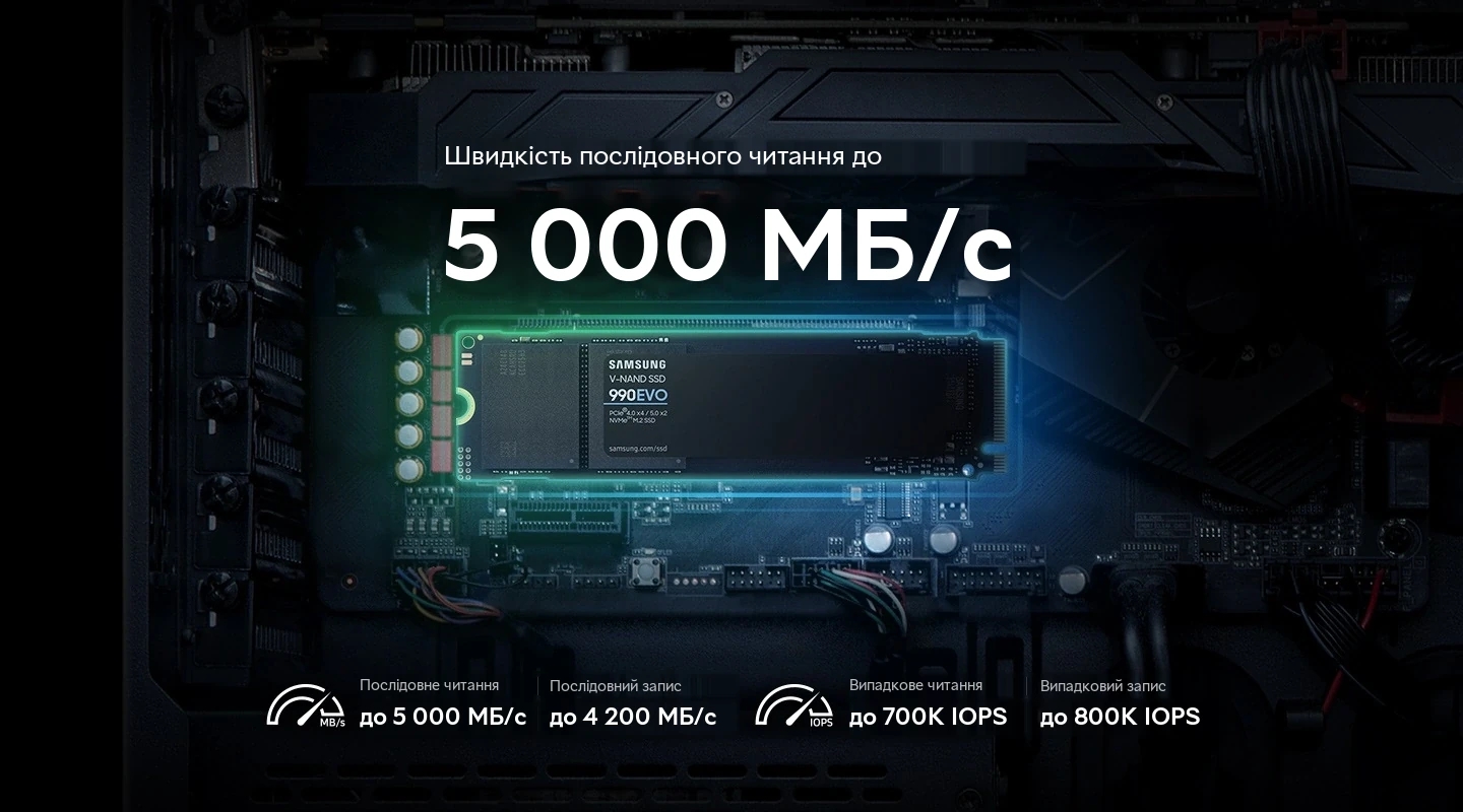 Накопитель 990 EVO в компьютере с подсветкой и обозначениями скорости чтения и записи