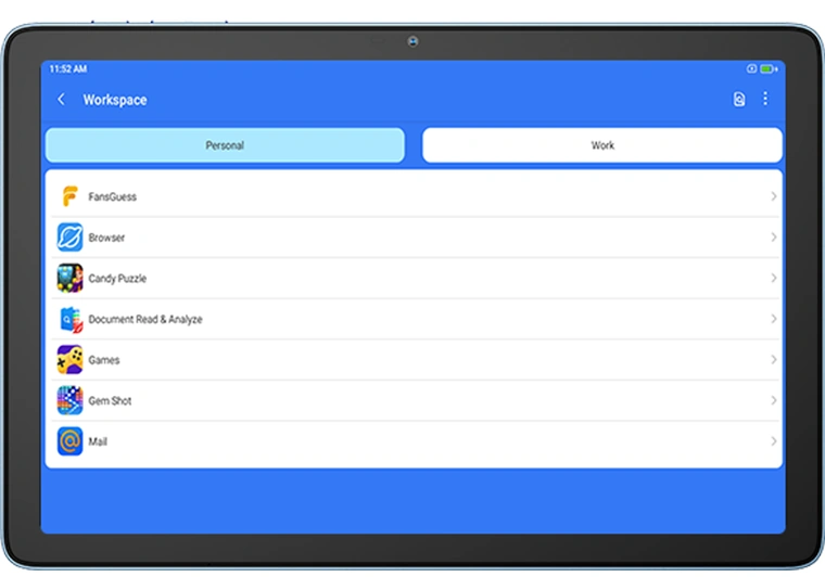 Приложение Workspace на экране планшета
