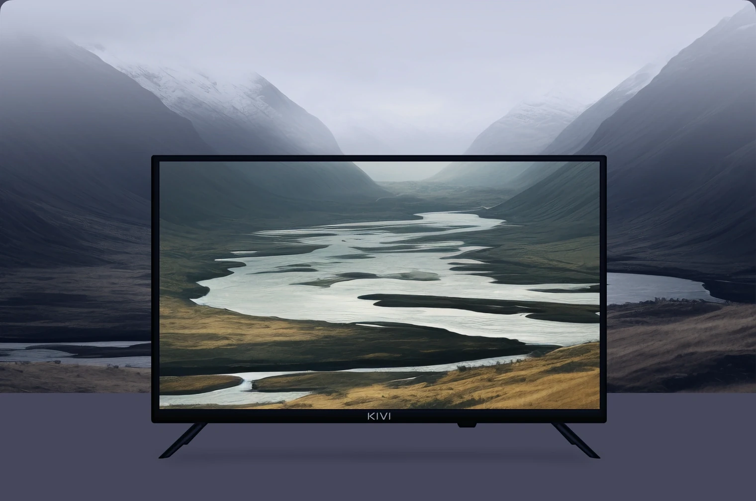 Телевизор KIVI 24H760QB с горным пейзажем на экране