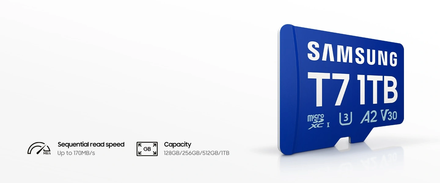 Карта памяти Samsung T7 microSD стоит на светлом фоне рядом с обозначениями скорости чтения и записи и объёмов