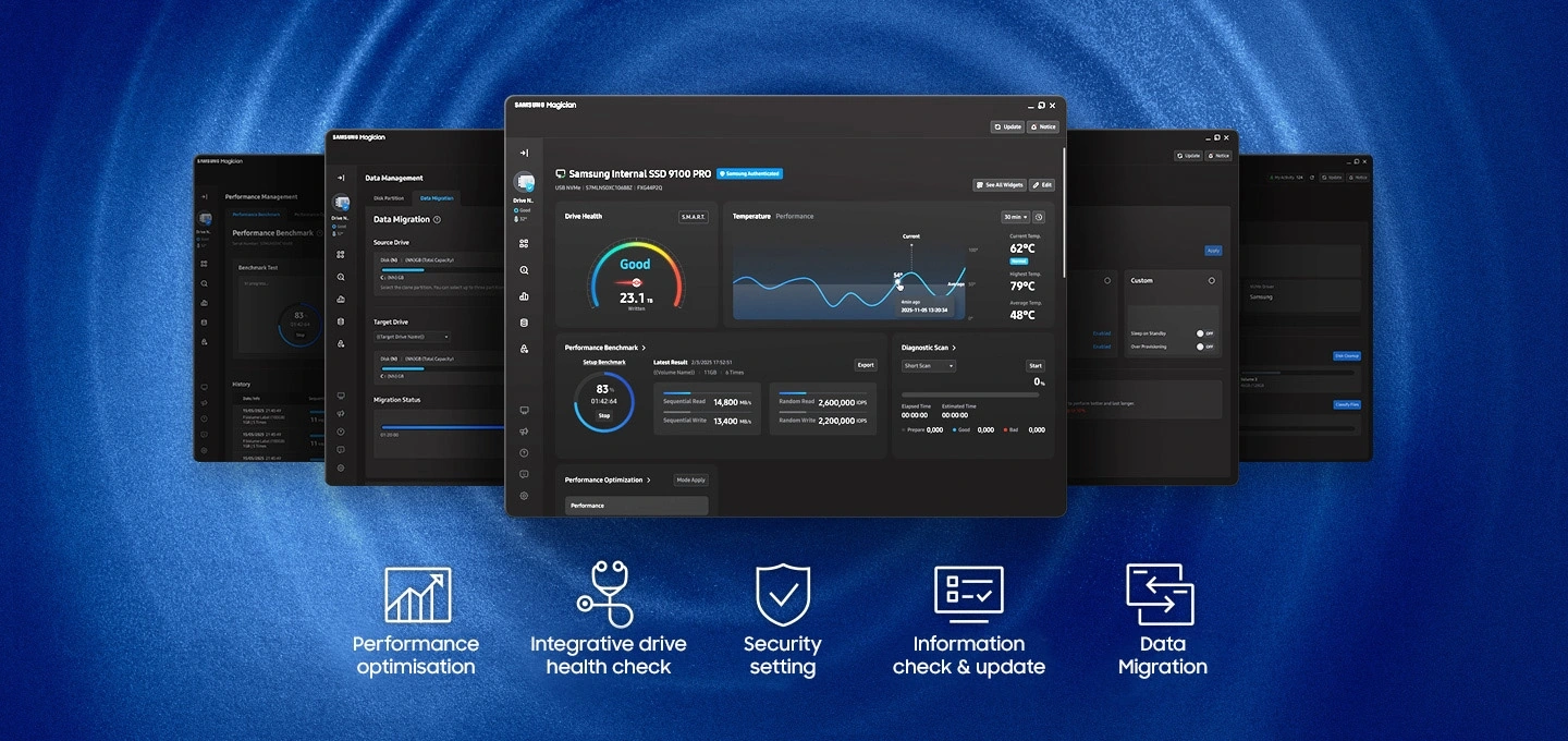 Интерфейс программы Samsung Magician с иконками оптимизации, проверки состояния, настроек безопасности, обновления и переноса данных