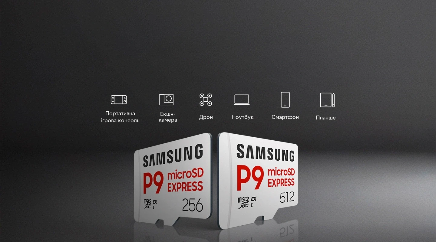 Две карты памяти microSD Express P9 Express на сером фоне — на 256 и 512&nbsp;ГБ; над ними шесть иконок: портативная игровая консоль, экшн-камера, дрон, ноутбук, смартфон и планшет
