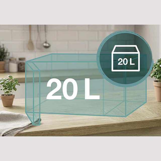 Обозначение объёма 20 л рядом с микроволновой печью Gorenje на кухне