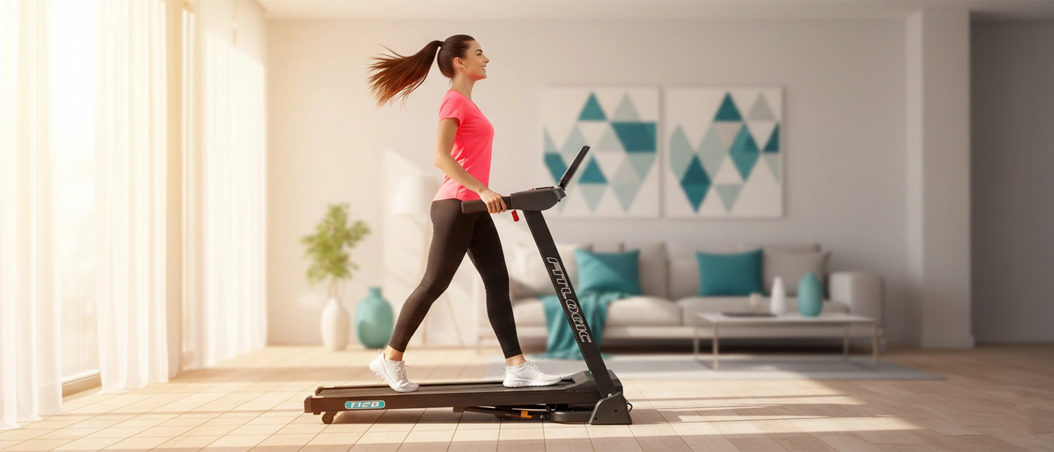 Дівчина тренується на біговій доріжці FitLogic T12B удома