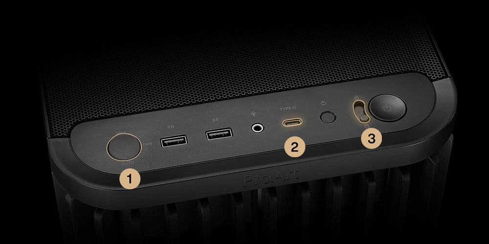 Крупный план передней панели I/O корпуса ProArt PA401 Wood Edition с блокировкой кнопок питания и перезагрузки, регулятором скорости вентиляторов и портом USB Type-C