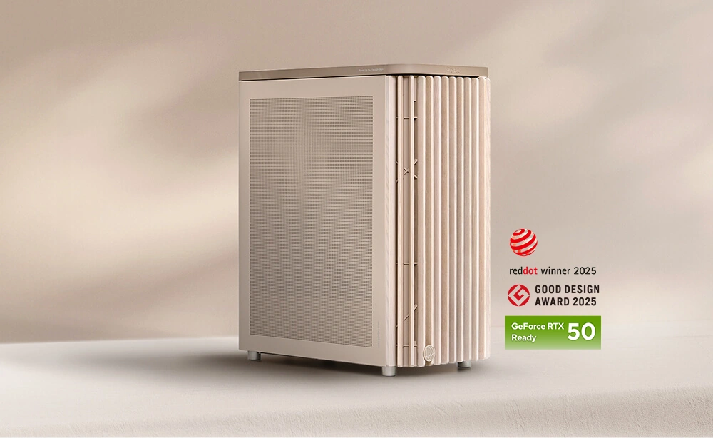 Загальний вигляд корпусу ProArt PA401 Wood Edition Beige із логотипами сумісності з відеокартами RTX 50 та нагородами Reddot Winner і Good Design Award 2025