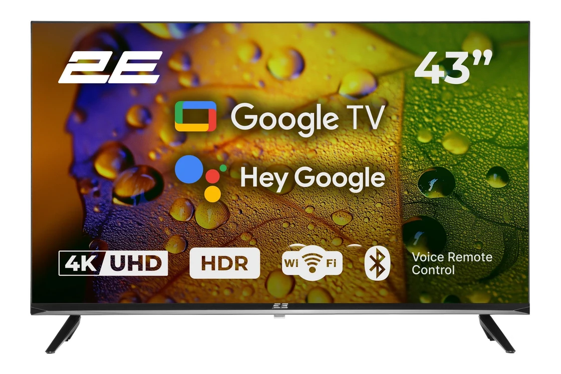 Телевізор 2E 43A07KU із зображенням на екрані та позначками Google TV, Hey Google, HDR і Wi-Fi