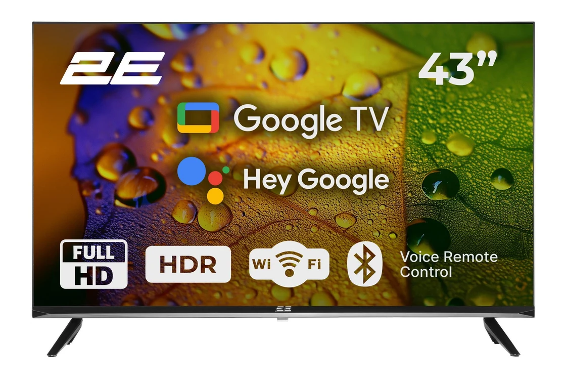 Телевизор 2E 43A07KF с изображением на экране и отметками Google TV, Hey Google, HDR и Wi-Fi