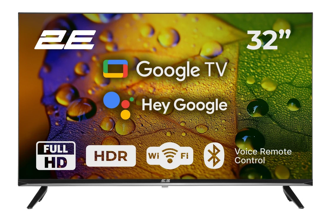 Телевизор 2E 32A07KF с изображением на экране и отметками Google TV, Hey Google, HDR и Wi-Fi