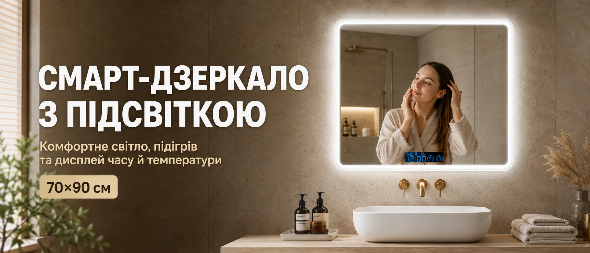 Смарт-дзеркало BRS 70х90 см з LED-підсвіткою, дисплеєм та підігрівом у ванній кімнаті