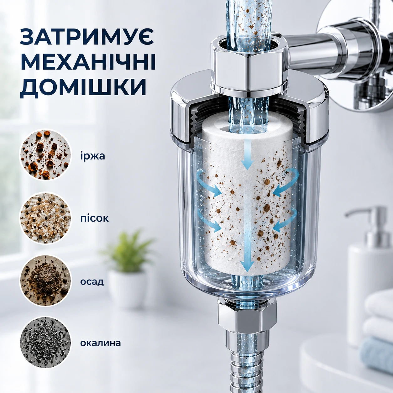 Механічна фільтрація водопровідної води від часток іржі, піску та осаду