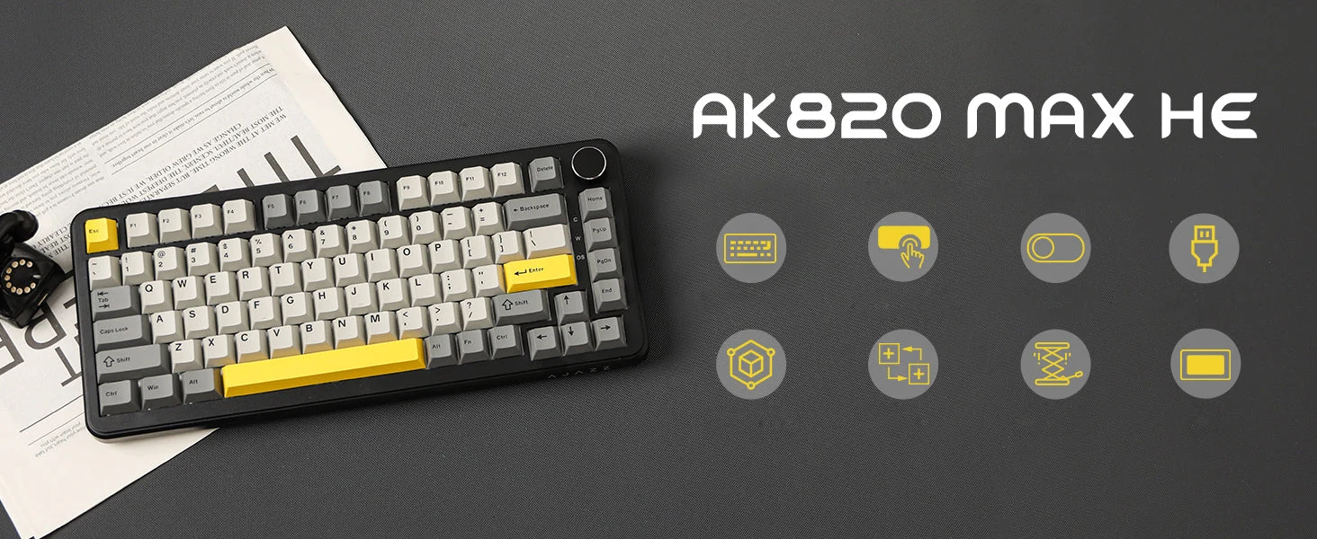 Проводная магнитная клавиатура AJAZZ AK820 MAX HE на столе рядом с газетой
